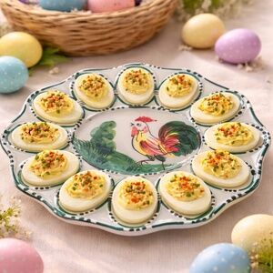 Vintage Made in Italy Hand Painted Rooster Deviled Egg Platter